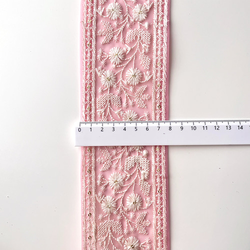 499 【 幅：8cm 】 インド刺繍リボン ピンク チュール ホワイト リボン