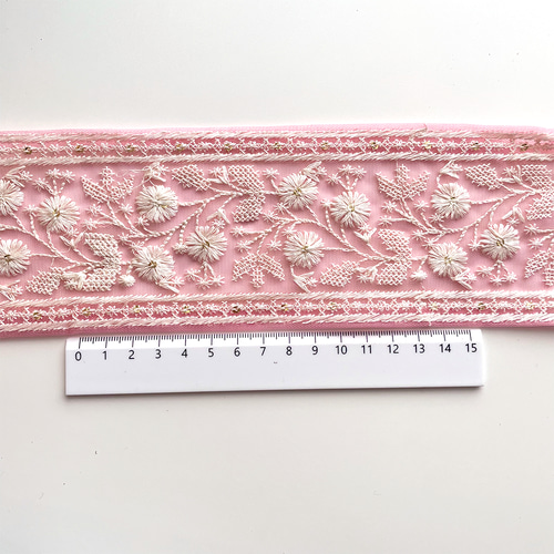 499 【 幅：8cm 】 インド刺繍リボン ピンク チュール ホワイト リボン