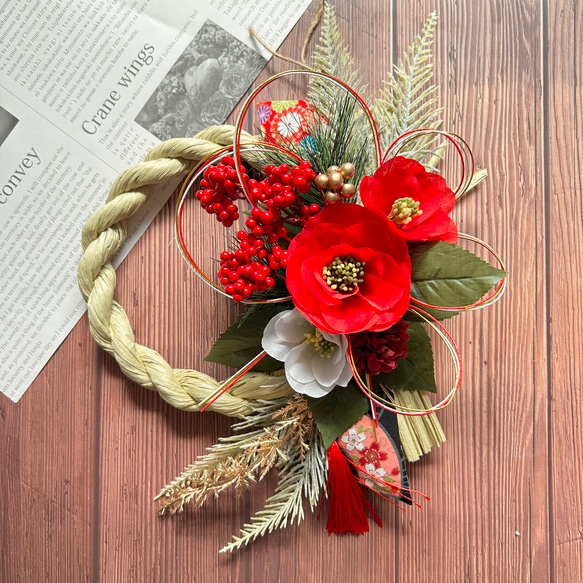 しめ縄リース、しめ縄飾り 紅白薔薇 （41.【フローリストが作る