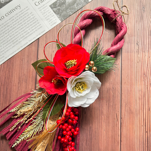 No.165 紅白椿と南天のしめ縄リース2025 ハンドメイドお正月飾り玄関  