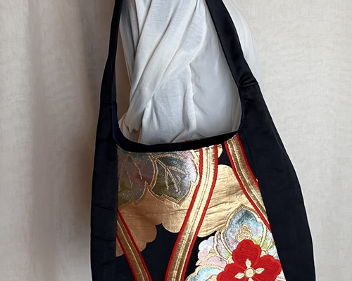 帯 リメイク ショルダー バッグ 黒 花柄 着物リメイク フォーマル
