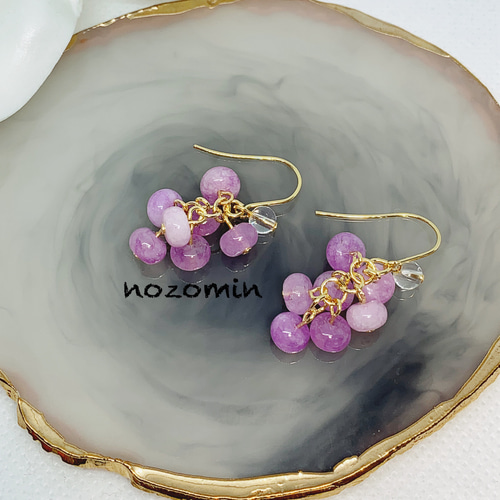 33・天然石パープルエンジェライトに水晶一粒ピアス ハンドメイド