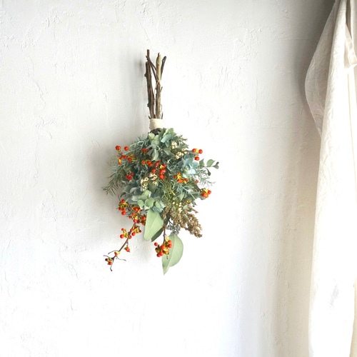 15.秋色紫陽花スワッグ 秋色紫陽花ドライフラワーとユーカリポポラスのスワッグ(モリモリで