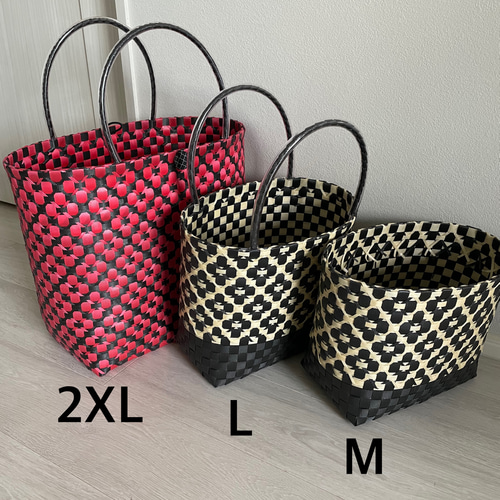 レトロポップなプラかご Lサイズ ブルー系x黄 花柄 エコバッグ PP