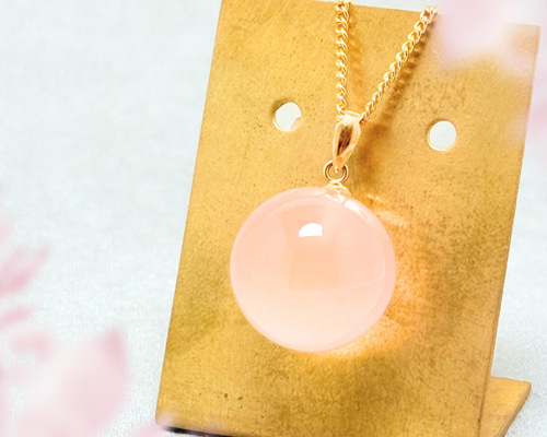 14mm まんまる ローズクォーツ/紅水晶 K18 K24GP 天然石ネックレス