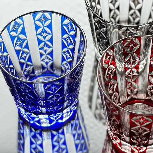 選べる全3色】 切子 グラス 2個セット 縞七宝 赤 青 グレー 父の