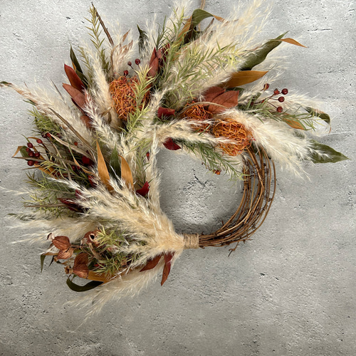 パンパスグラスの秋色リース:ドライフラワーリース リース 花うさぎと  