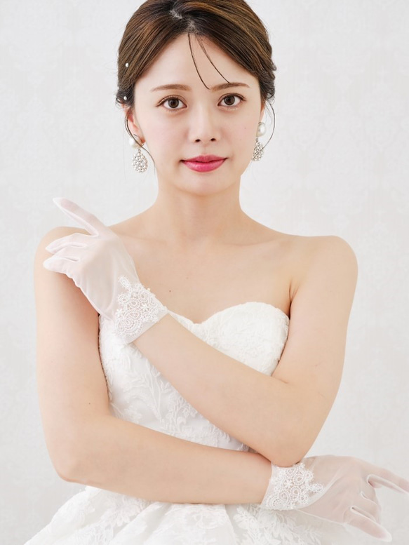 H118 ショートグローブ  ウェディング　結婚式　オーガンジー　レース　刺繍　パール　可愛い　 3枚目の画像