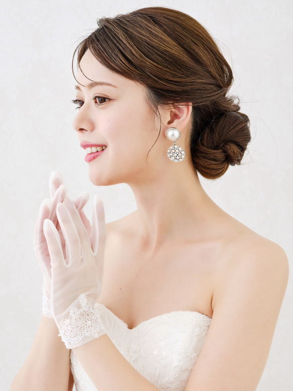 H118 ショートグローブ  ウェディング　結婚式　オーガンジー　レース　刺繍　パール　可愛い　 4枚目の画像