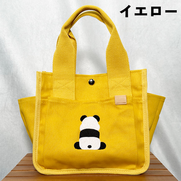 【送料無料】背中パンダの刺繍 たくさんポケット付きキャンバスミニトートバッグ ミニバッグ 4枚目の画像