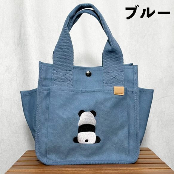 【送料無料】背中パンダの刺繍 たくさんポケット付きキャンバスミニトートバッグ ミニバッグ 2枚目の画像