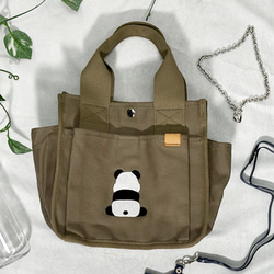 送料無料】背中パンダの刺繍 ポケット付きキャンバスミニトートバッグ
