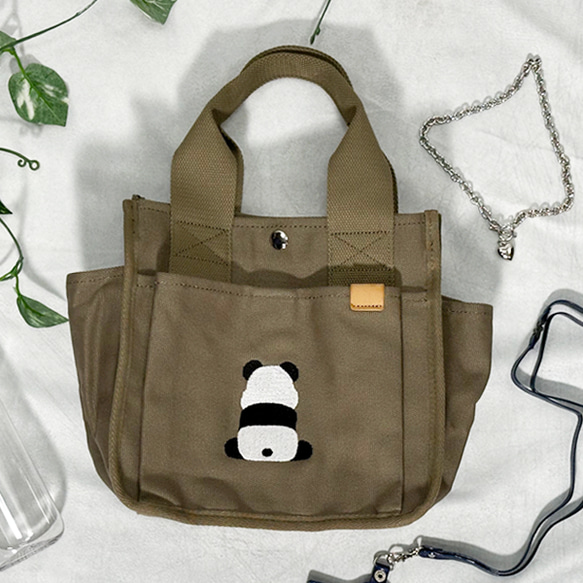 送料無料】背中パンダの刺繍 ポケット付きキャンバスミニトートバッグ