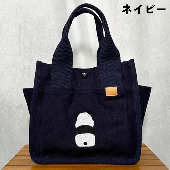 【送料無料】背中パンダの刺繍 たくさんポケット付きキャンバスミニトートバッグ ミニバッグ 1枚目の画像