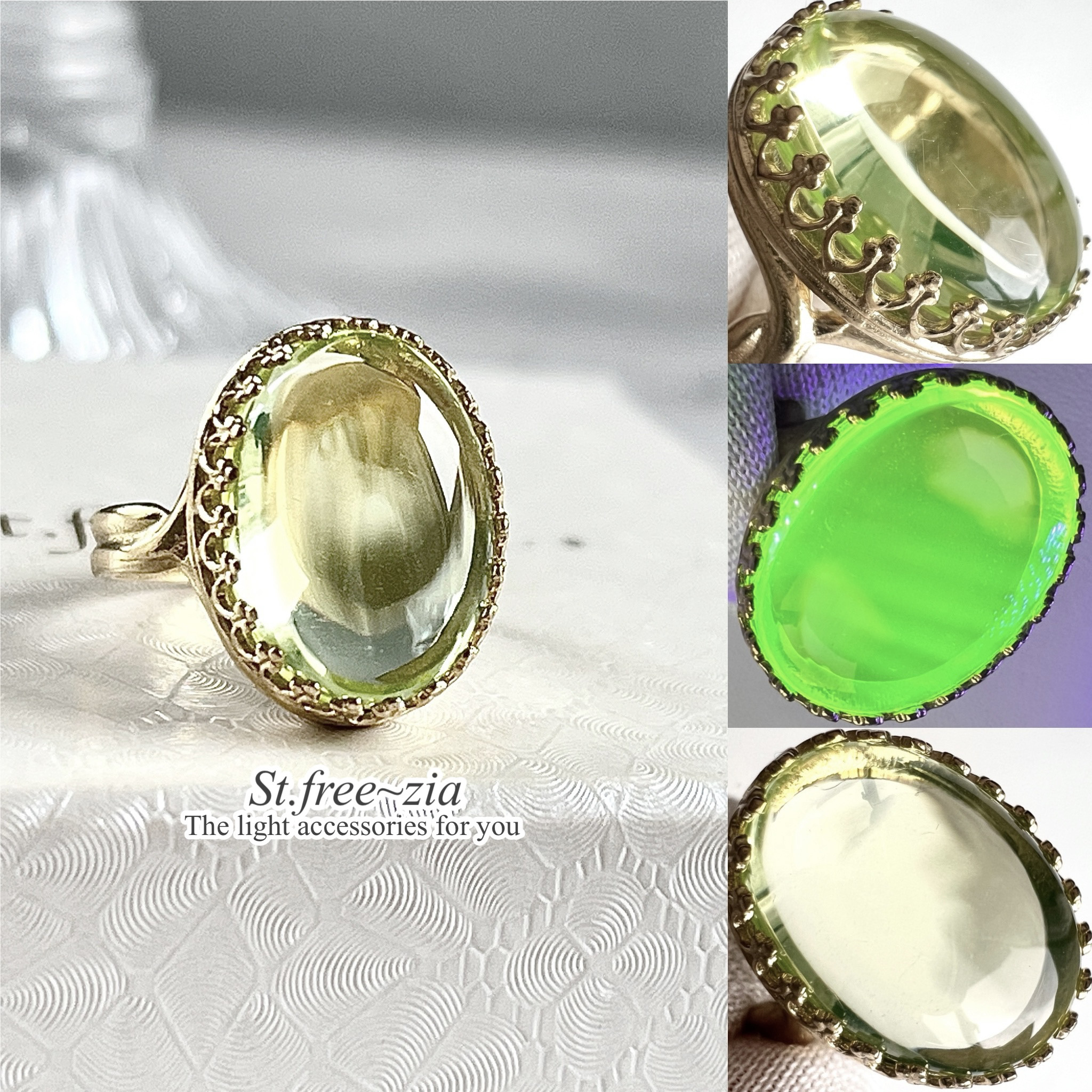 真鍮★希少★大粒アンダラクリスタル★ラジウムグリーン★10〜16号フリーサイズ☆16.2×11.8mm☆指輪