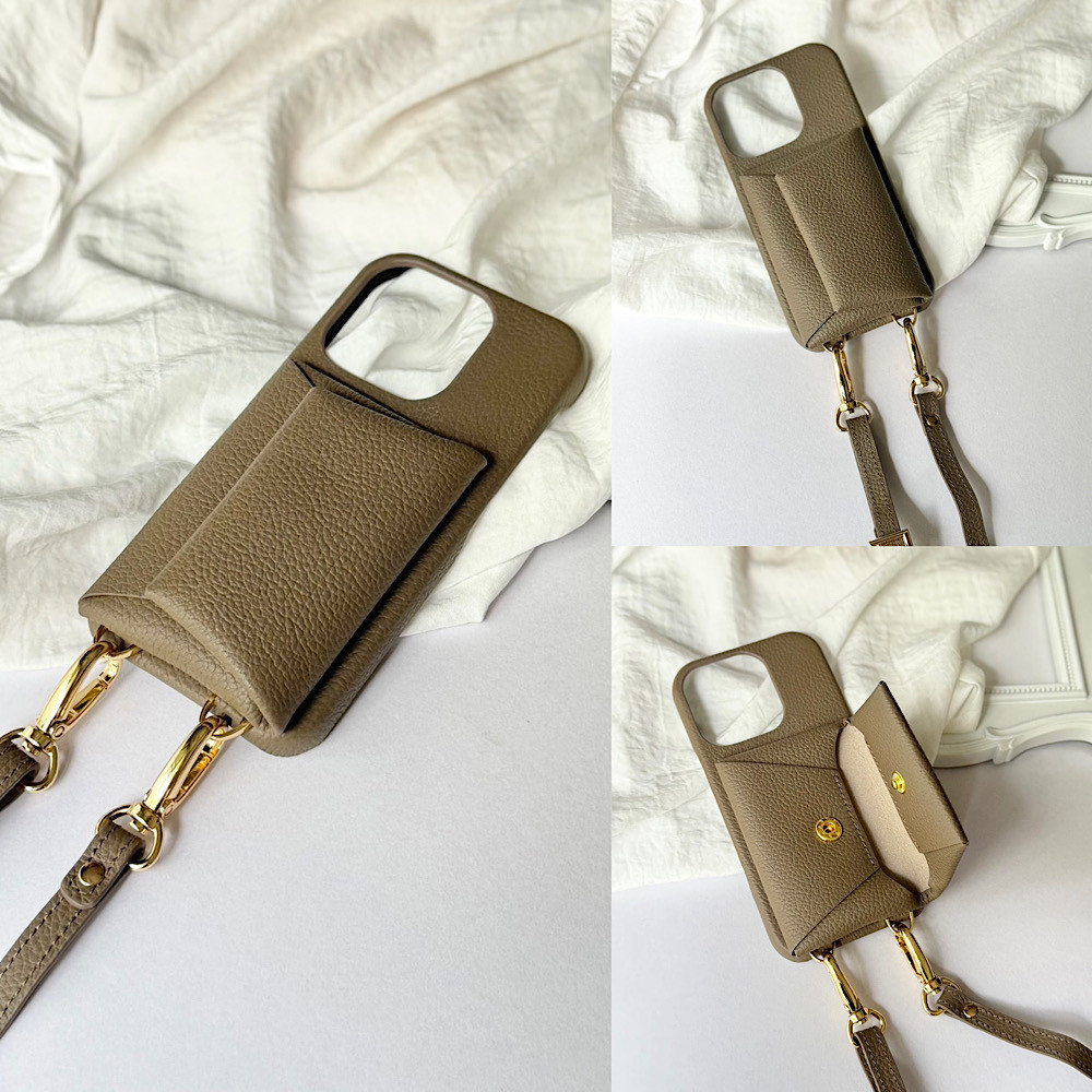 #6 名入れ可｜本革iPhoneショルダーケース（背面収納　スマホショルダー）Etaupe