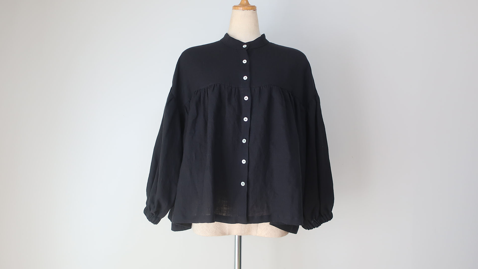 リネン長袖ブラウス❣スタンドギャザーブラウス（リネン／全８色）