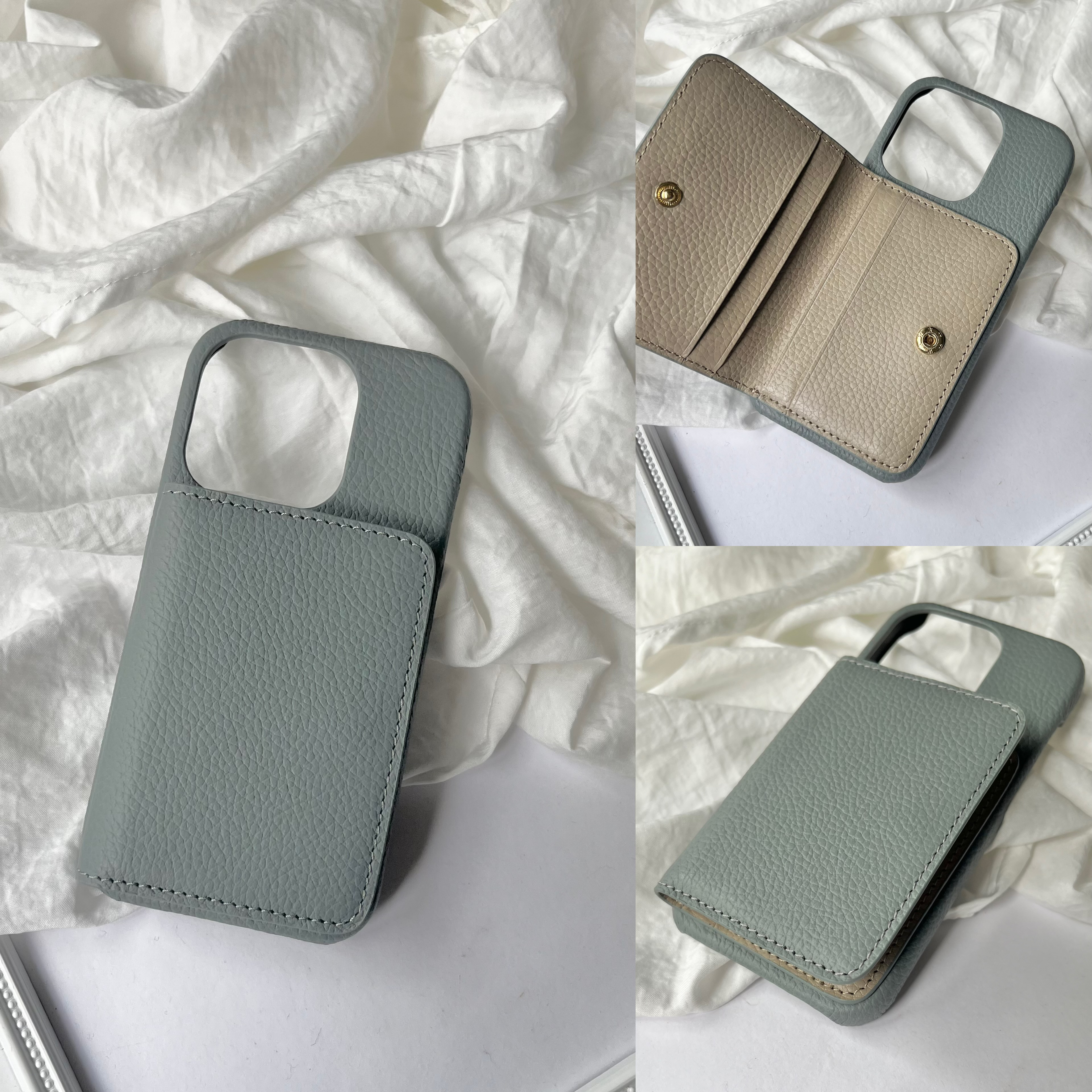 #3K  名入れ可｜バイカラー本革iPhoneケース（背面収納　）Grey+Greige