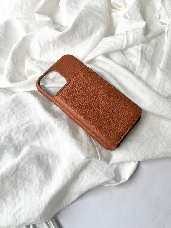 #3K  名入れ可｜バイカラー本革iPhoneケース（背面収納　）Brown+Greige 4枚目の画像