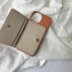 #3K  名入れ可｜バイカラー本革iPhoneケース（背面収納　）Brown+Greige 3枚目の画像