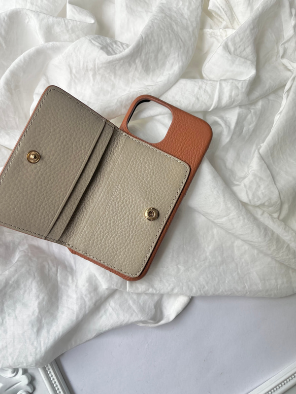 #3K  名入れ可｜バイカラー本革iPhoneケース（背面収納　）Brown+Greige 3枚目の画像
