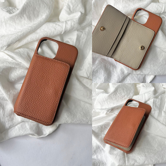 #3K  名入れ可｜バイカラー本革iPhoneケース（背面収納　）Brown+Greige 1枚目の画像
