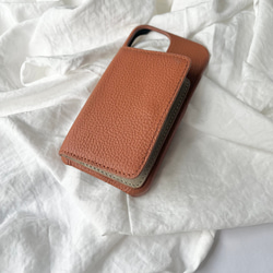 #3K  名入れ可｜バイカラー本革iPhoneケース（背面収納　）Brown+Greige 2枚目の画像