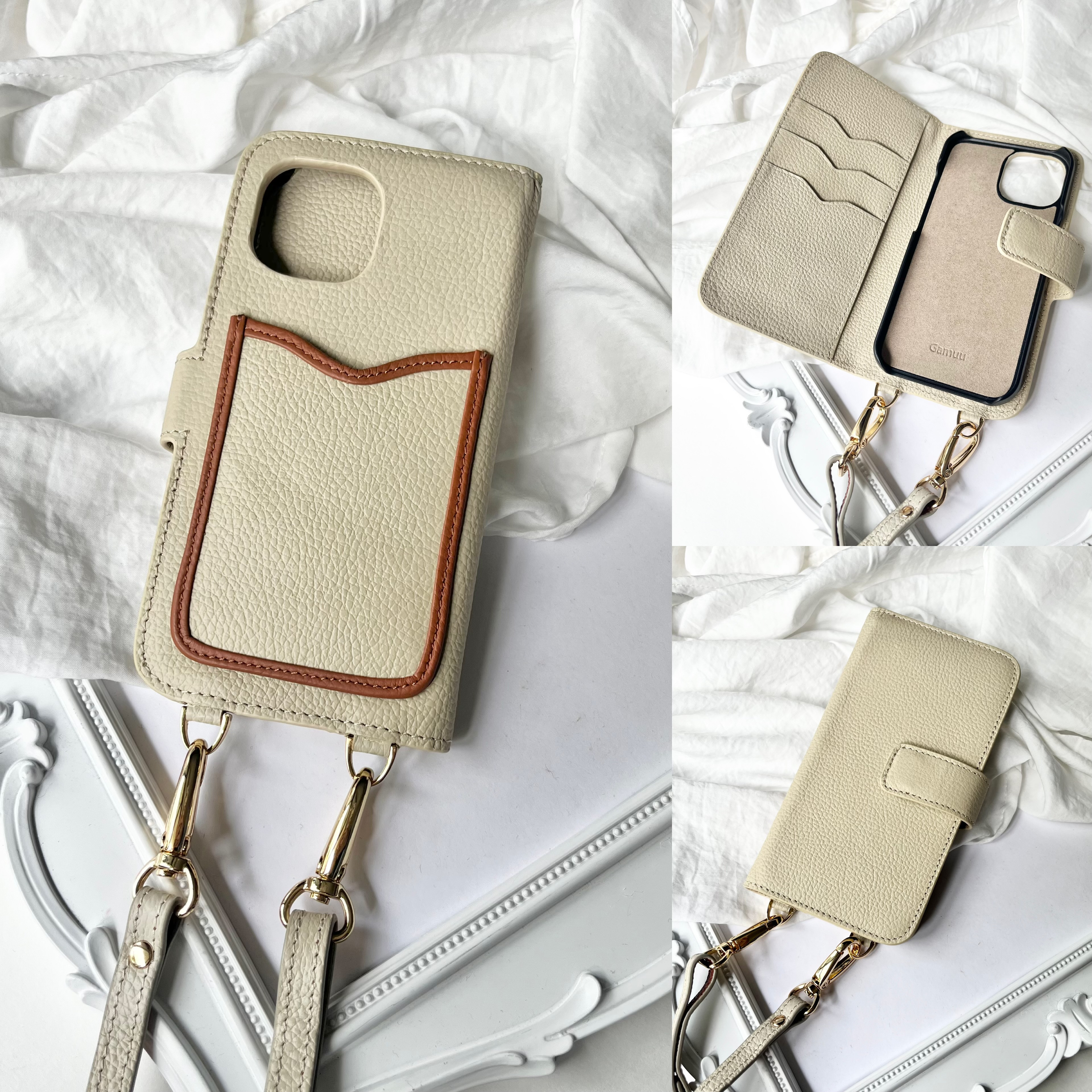 本革　手帳型スマホケース　バイカラーレザー　名入れ無料　ショルダー付き　イニシャルが入れられる　IPHONEケース