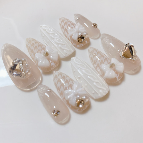 サイズオーダー ネイルチップ ニットネイル 千鳥柄 マグネットフレンチ  