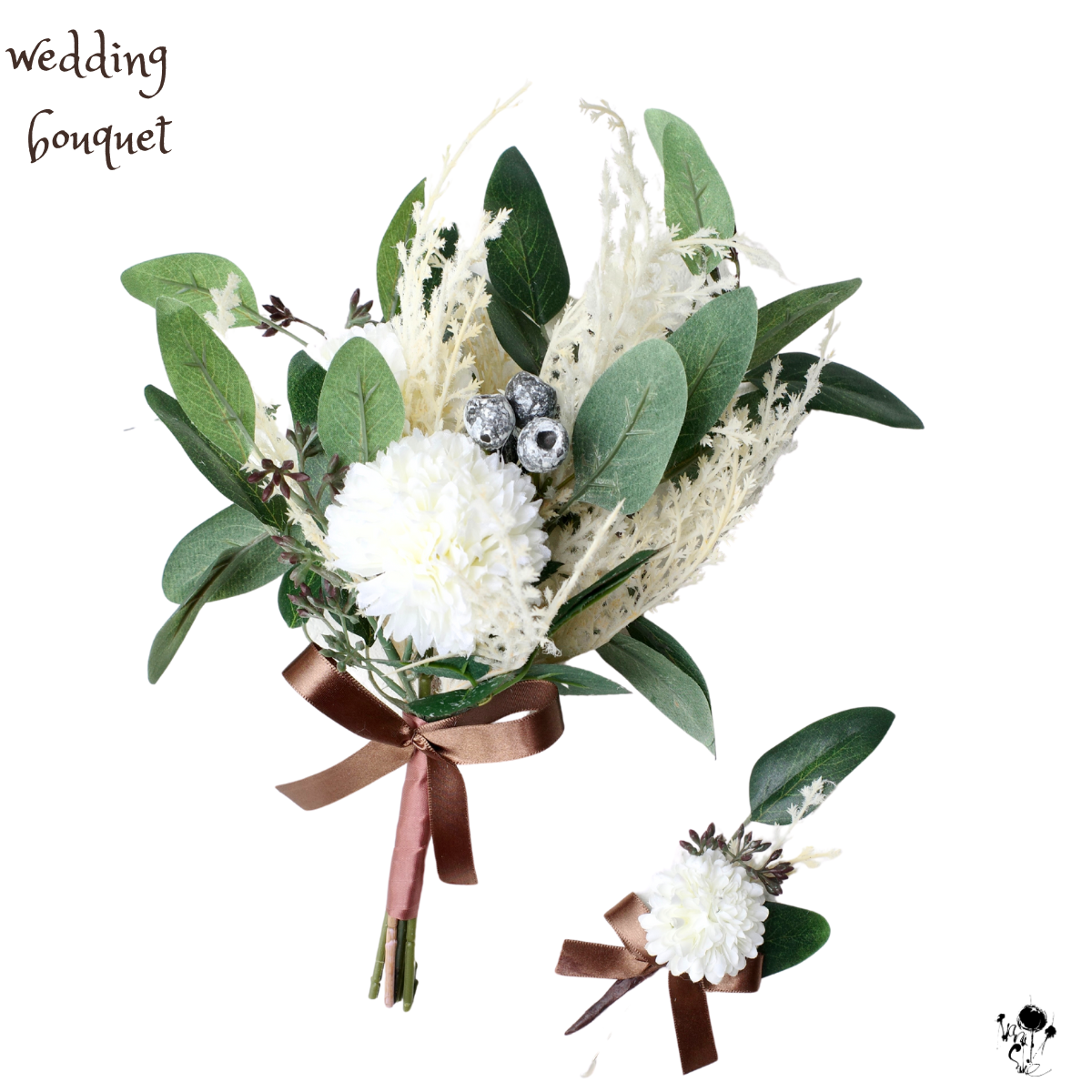 マムとユーカリのコンパクトブーケ 造花 ブーケ 上品 大人 ナチュラル ブートニアセット ウェディングブーケ お洒落