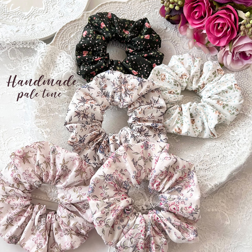 NO.145 ハンドメイドシュシュリバティ花柄ピンク手染めビーズ