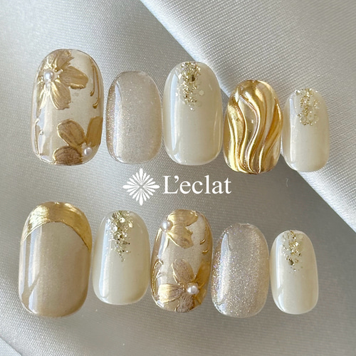 シャンパンゴールドの和装フラワー ネイルチップ 成人式 成人式ネイル