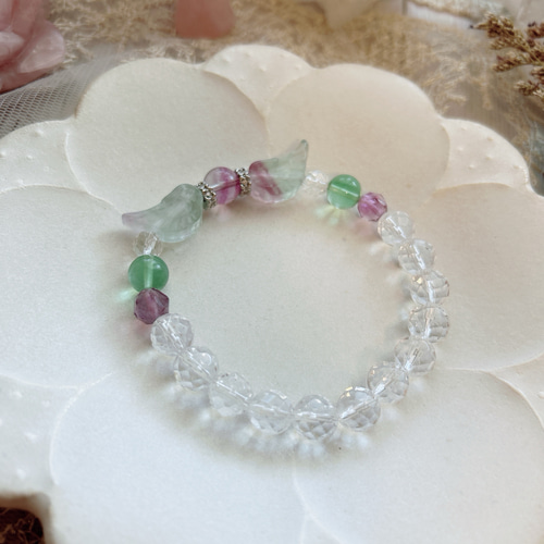 守護・癒し】天使の羽 フローライト＆水晶 天然石ブレスレット 