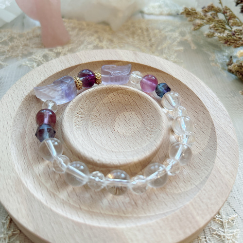 守護・癒し】天使の羽 フローライト＆水晶 天然石ブレスレット 
