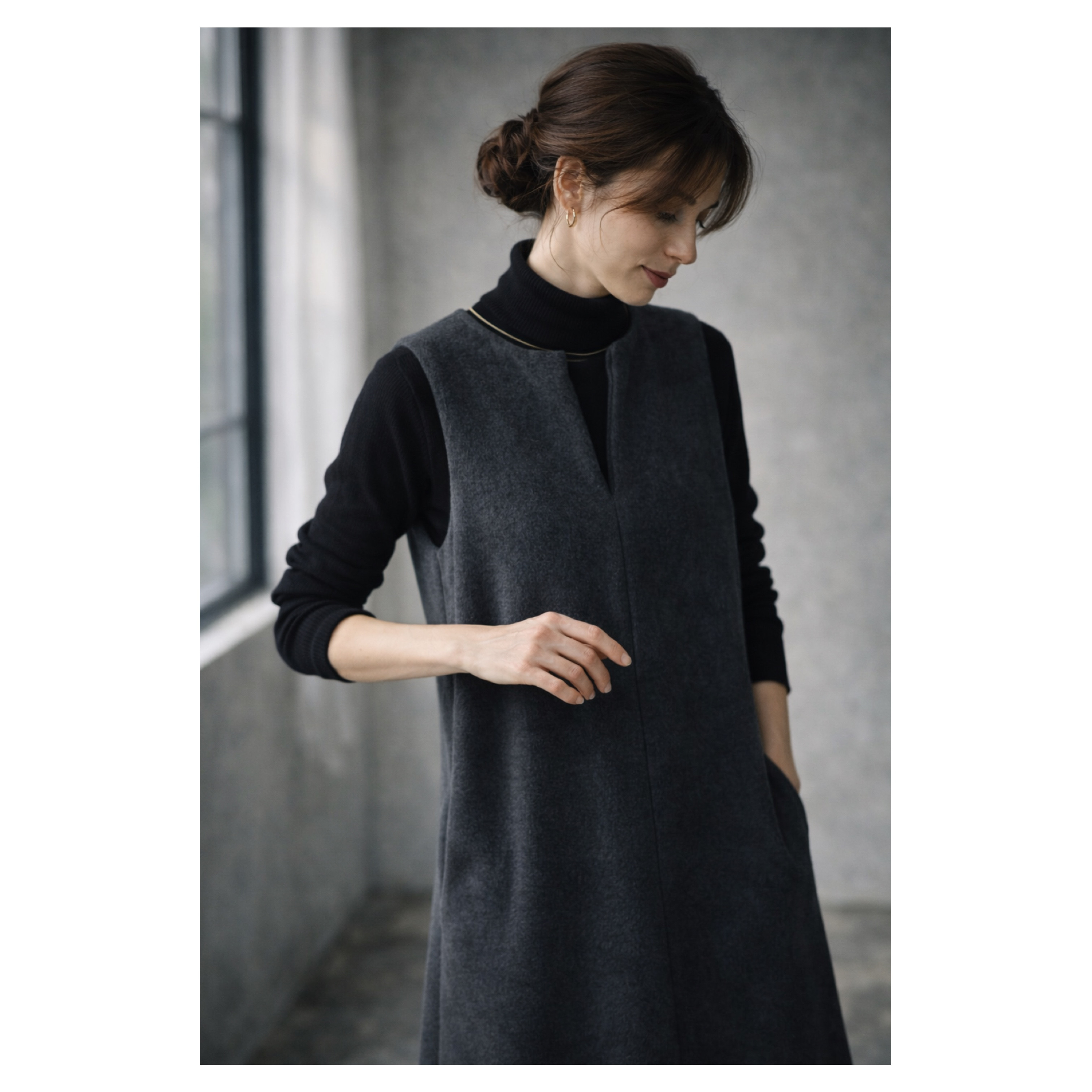 冬のモコモコ高級メルトンフリースワンピース／スラッシュネックワンピース／メルトンジャンパースカート／チャコール