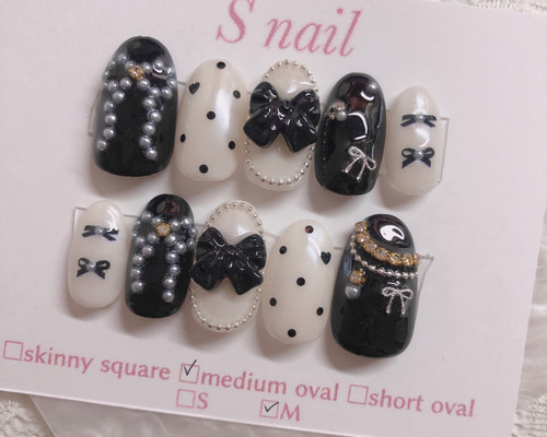 現品 ネイルチップ 黒 フレンチガーリー リボン ドット ネイルチップ  