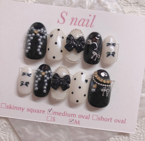 現品 ネイルチップ 黒 フレンチガーリー リボン ドット ネイルチップ  