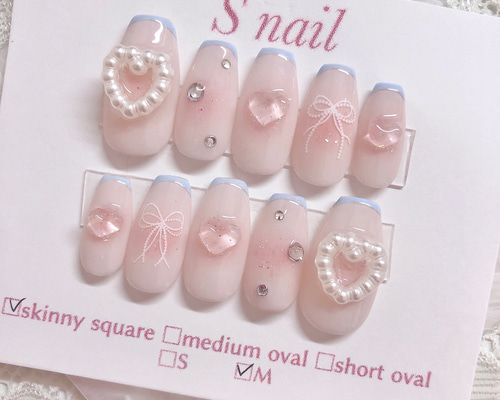 ネイルチップ ワンホン チーク クリアリボン ビジュー ネイルチップ ワンホン チーク クリアリボン ビジュー