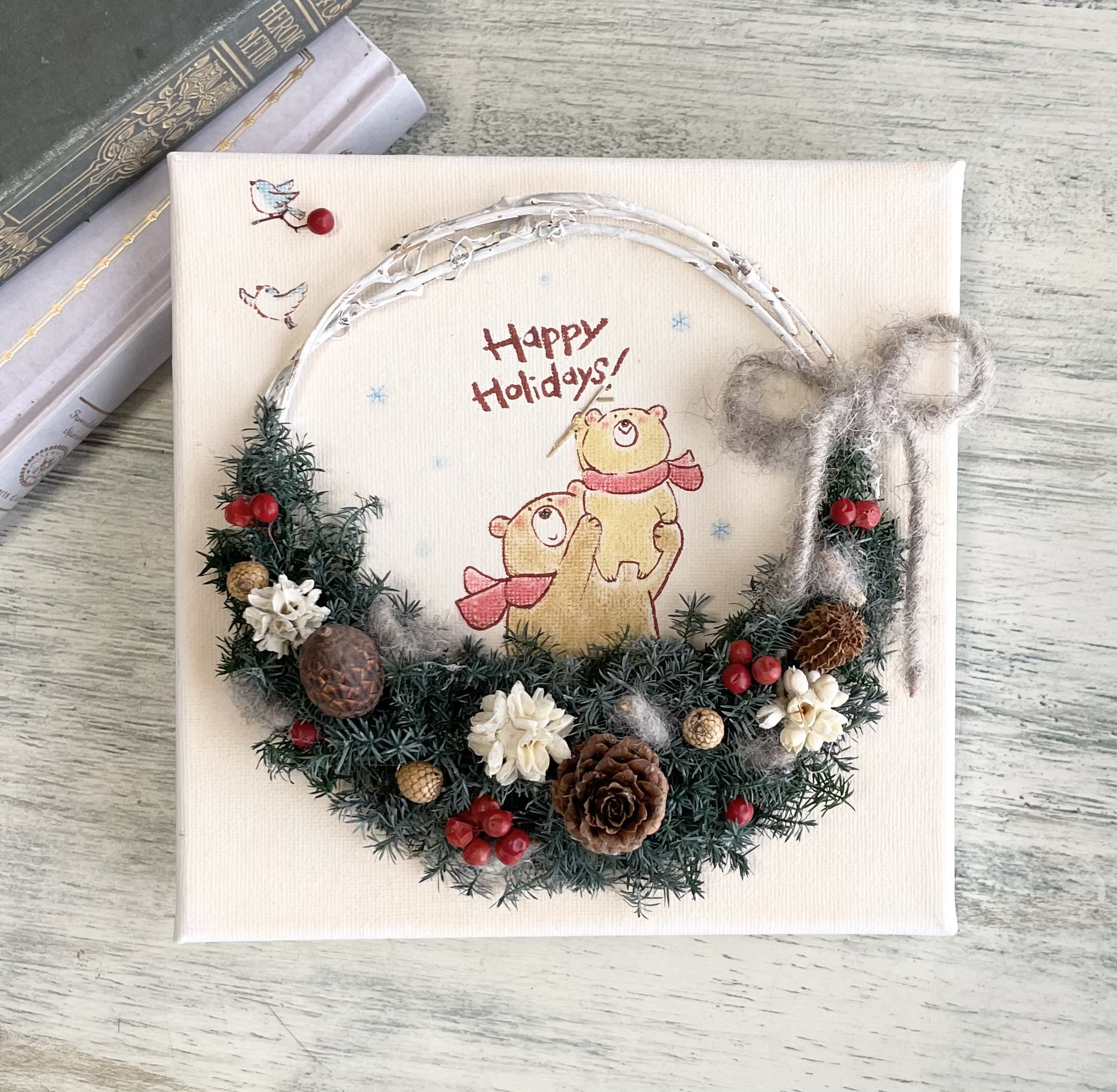 冬のくまちゃん親子のリース　クリスマスリース　クリスマスギフト　プリザーブドフラワー