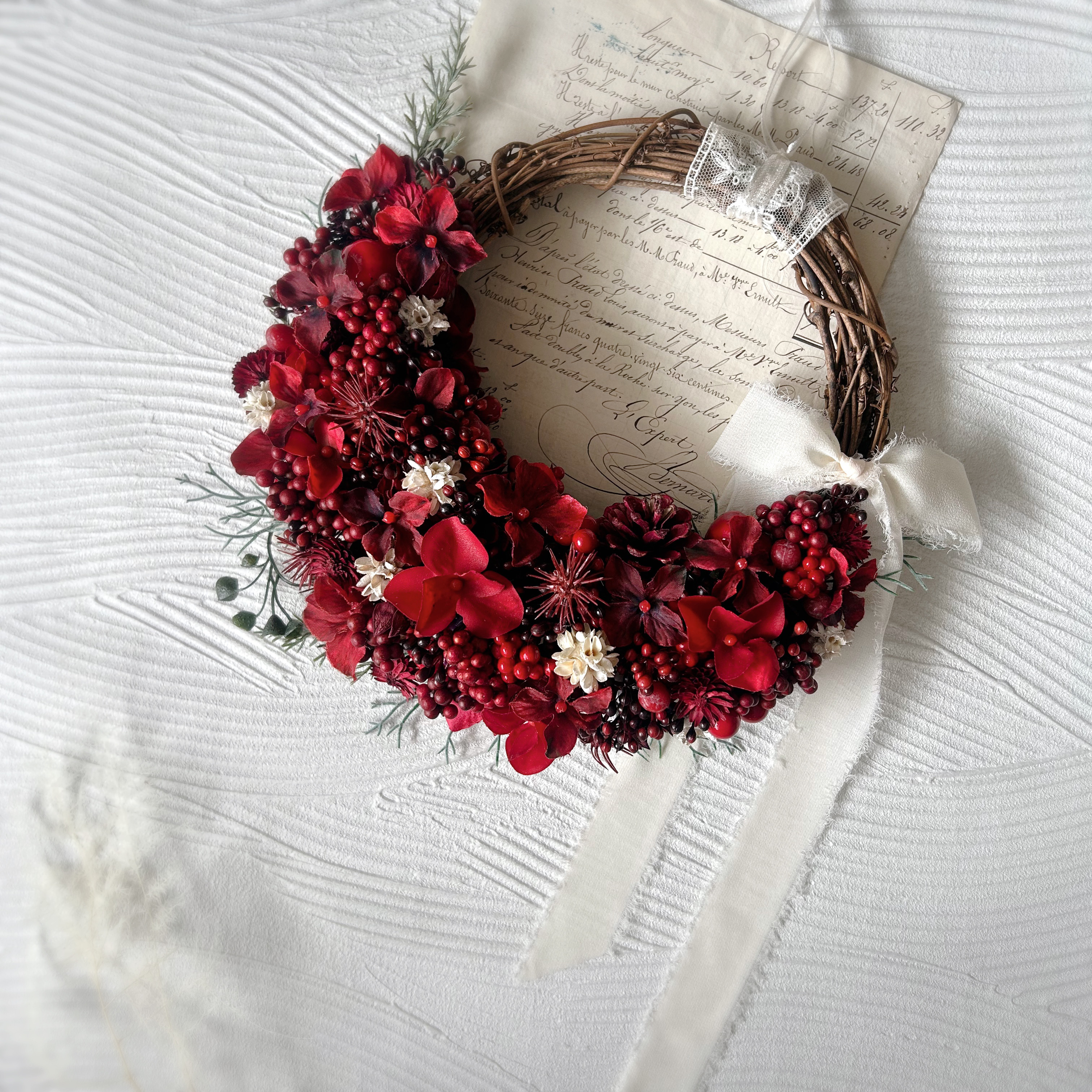 【再販】赤い実たっぷりクリスマスハーフリース 直径24cmクリスマス/ドアリース/クリスマスインテリア/お祝いギフト