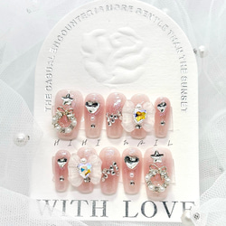 クリスマスネイル ピンク ハート 星 蝶結び 韓国ネイル ワンホンネイル