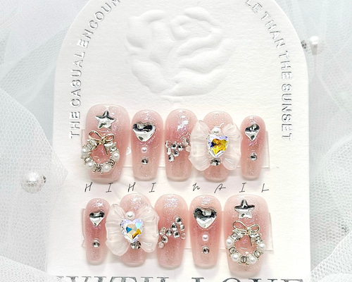 クリスマスネイル ピンク ハート 星 蝶結び 韓国ネイル ワンホンネイル