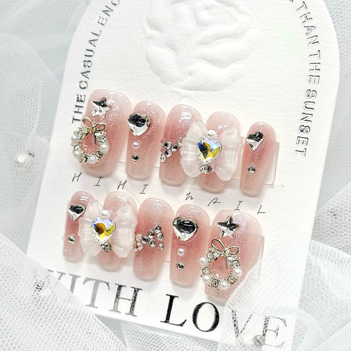 クリスマスネイル ピンク ハート 星 蝶結び 韓国ネイル ワンホン