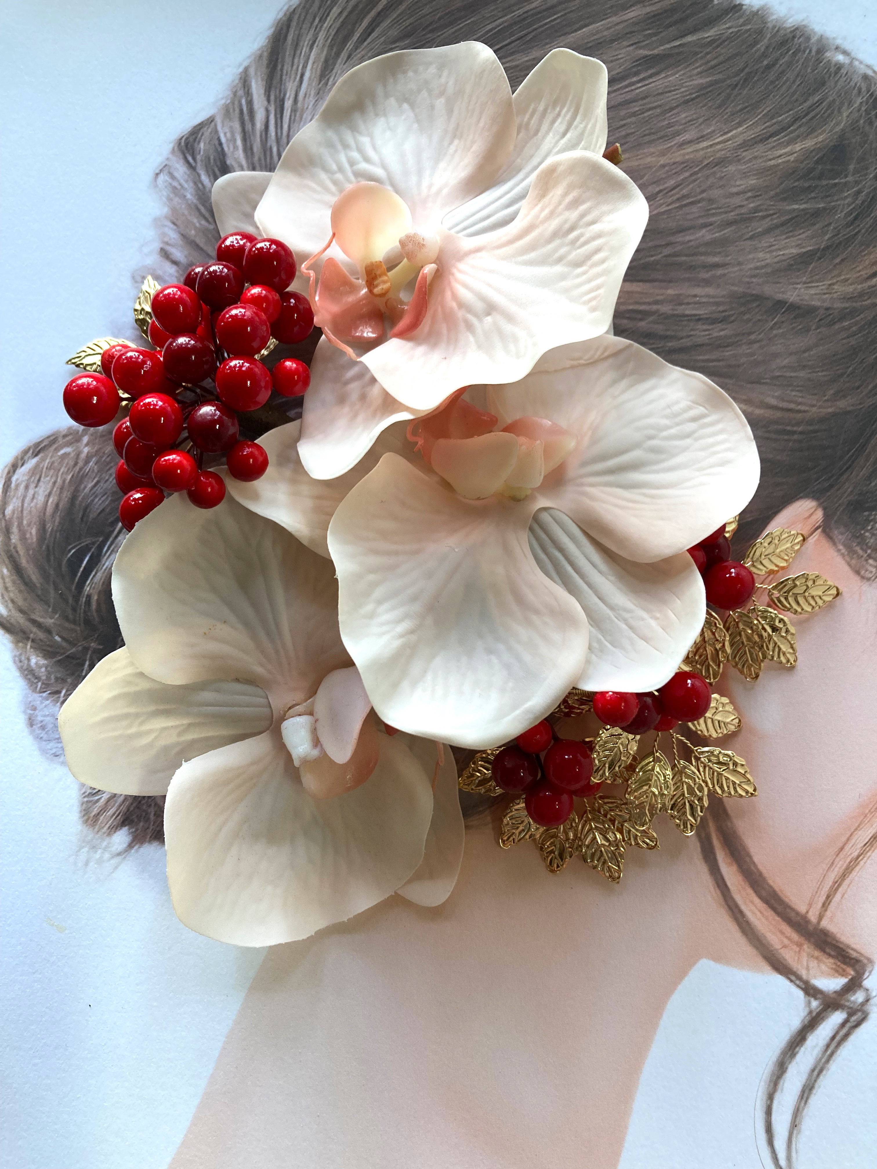 ピーチピンク胡蝶蘭　南天髪飾り×ピックセット　花嫁　ブライダル　振袖　成人式