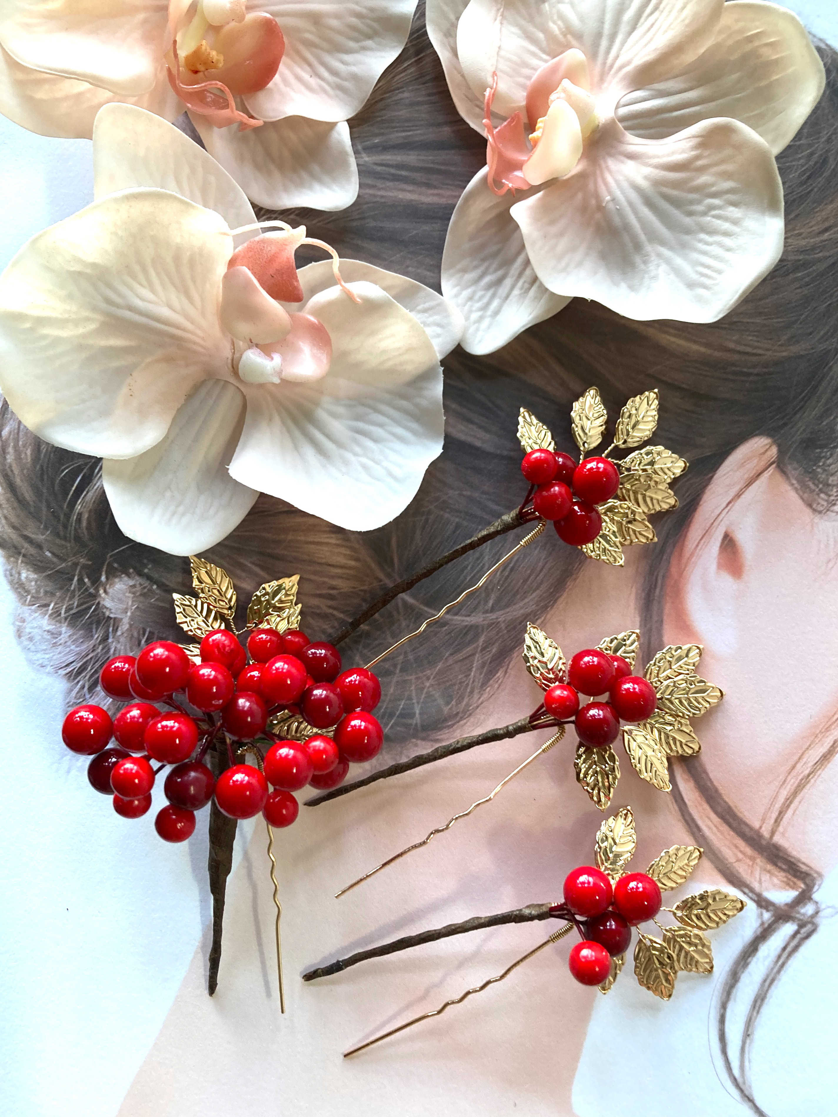 ピーチピンク胡蝶蘭　南天髪飾り×ピックセット　花嫁　ブライダル　振袖　成人式