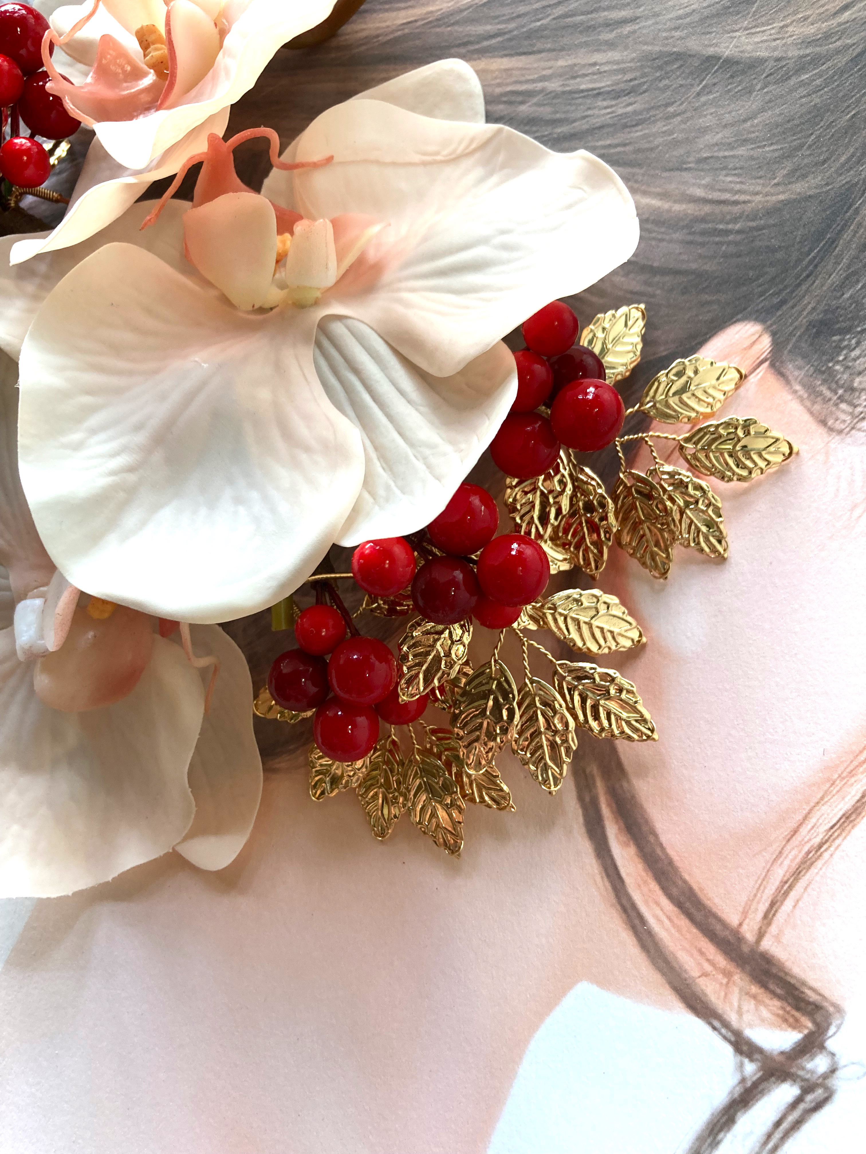 ピーチピンク胡蝶蘭　南天髪飾り×ピックセット　花嫁　ブライダル　振袖　成人式