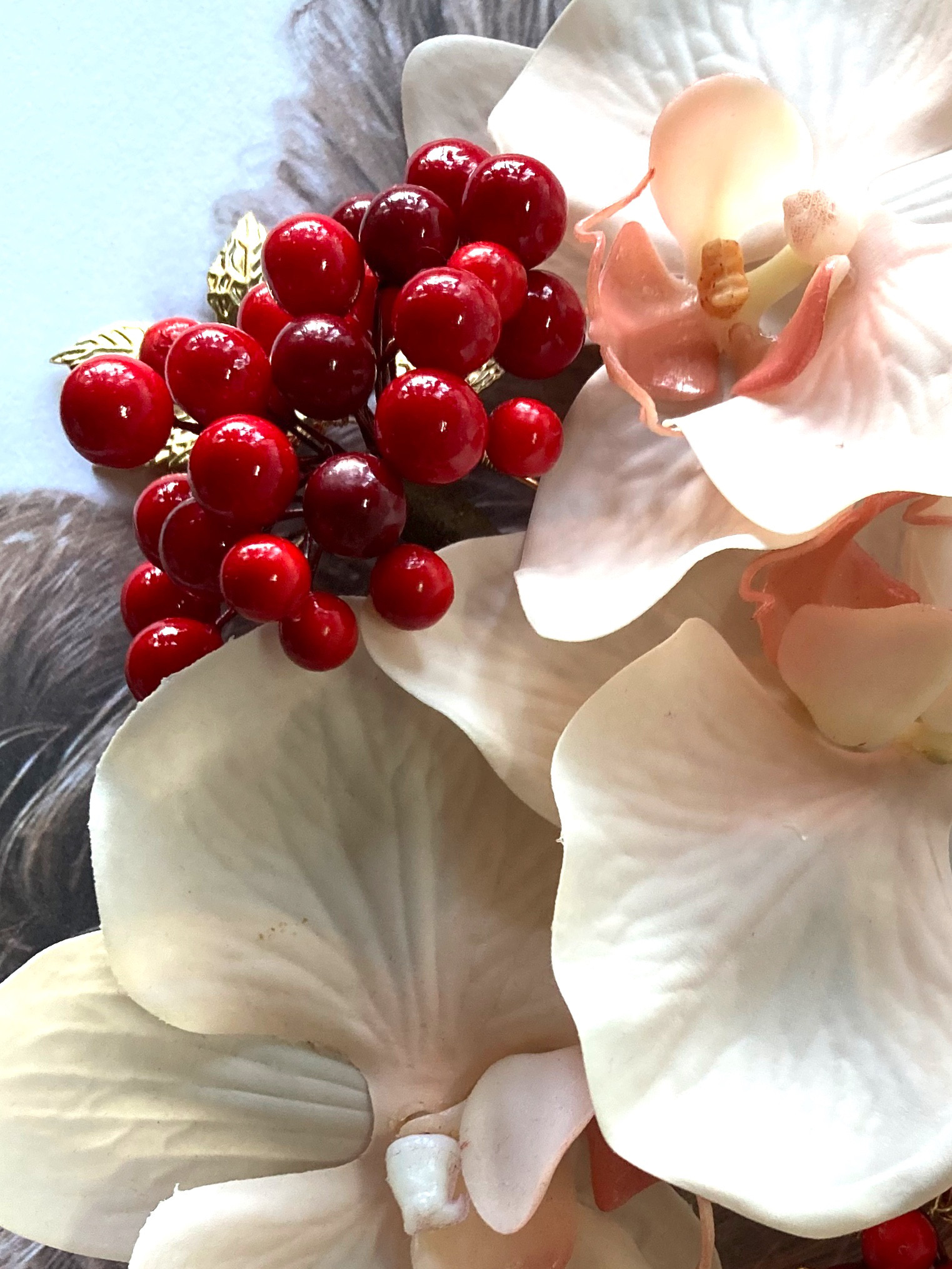 ピーチピンク胡蝶蘭　南天髪飾り×ピックセット　花嫁　ブライダル　振袖　成人式