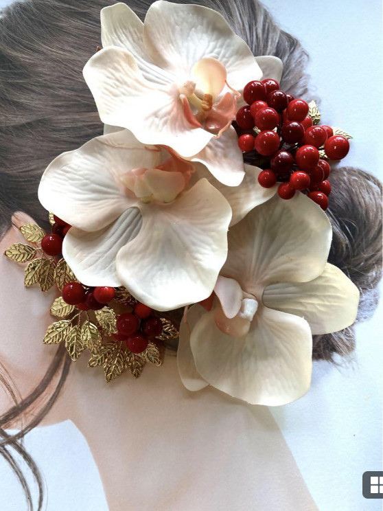 ピーチピンク胡蝶蘭　南天髪飾り×ピックセット　花嫁　ブライダル　振袖　成人式