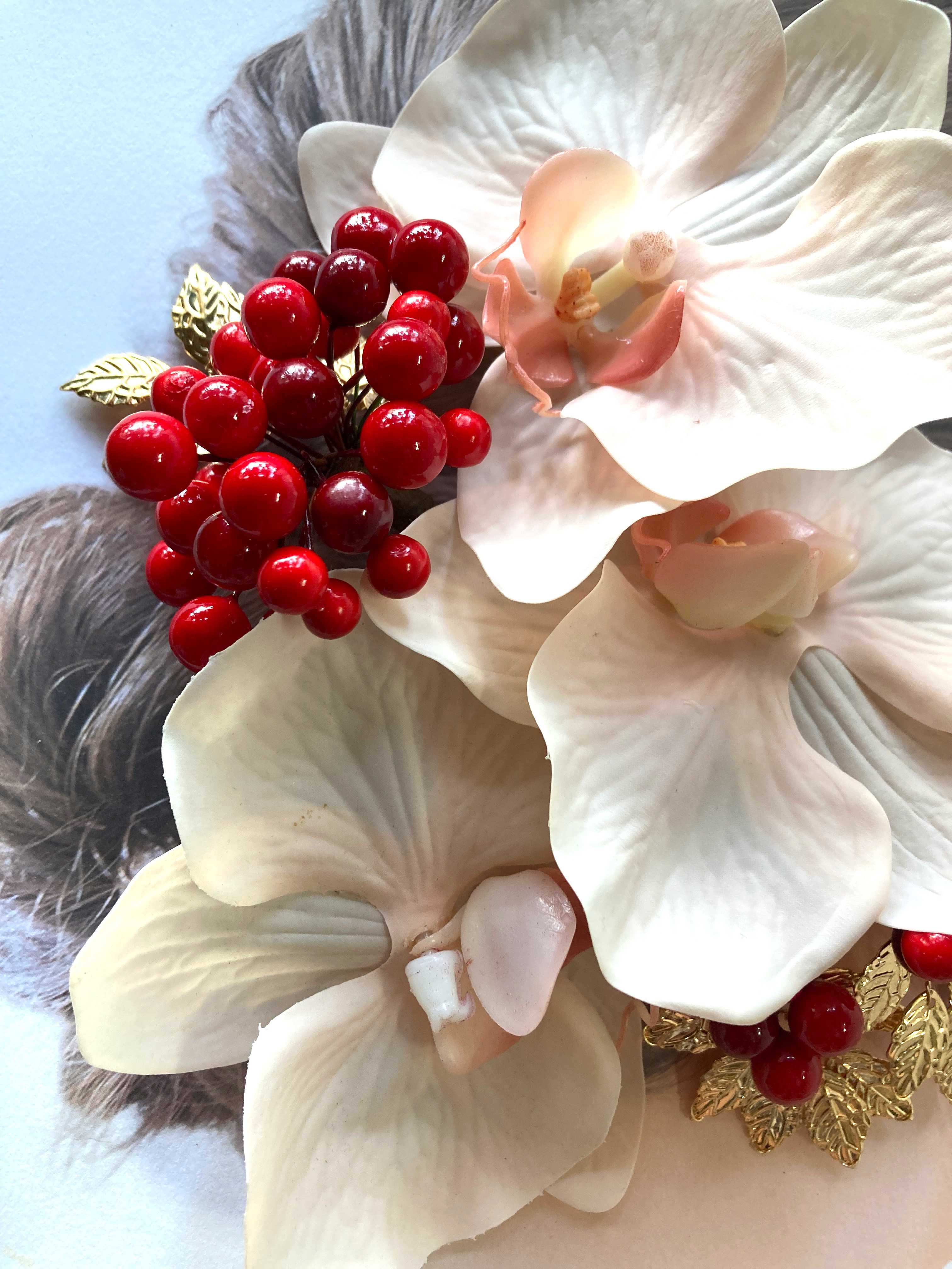 ピーチピンク胡蝶蘭　南天髪飾り×ピックセット　花嫁　ブライダル　振袖　成人式