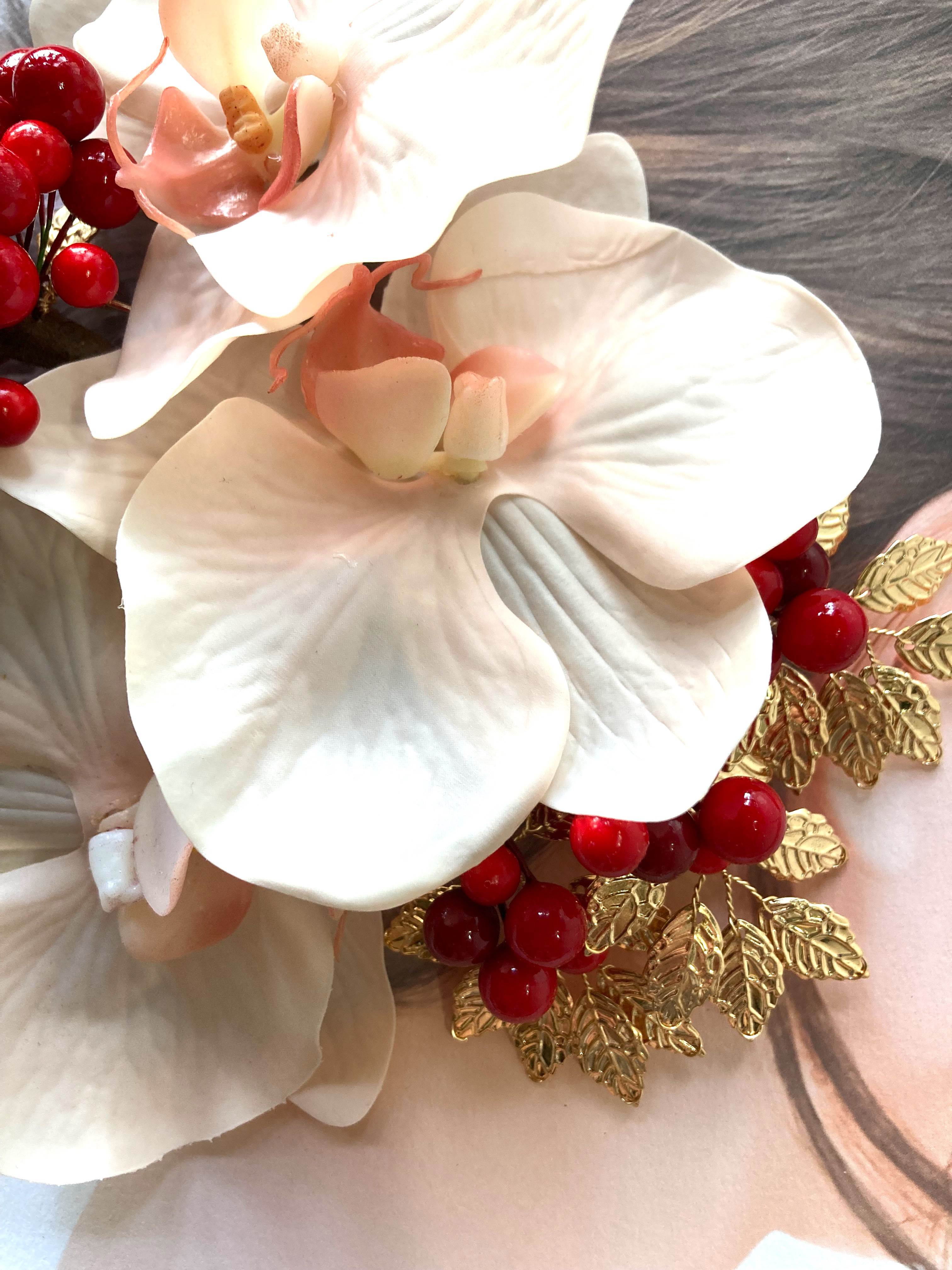 ピーチピンク胡蝶蘭　南天髪飾り×ピックセット　花嫁　ブライダル　振袖　成人式